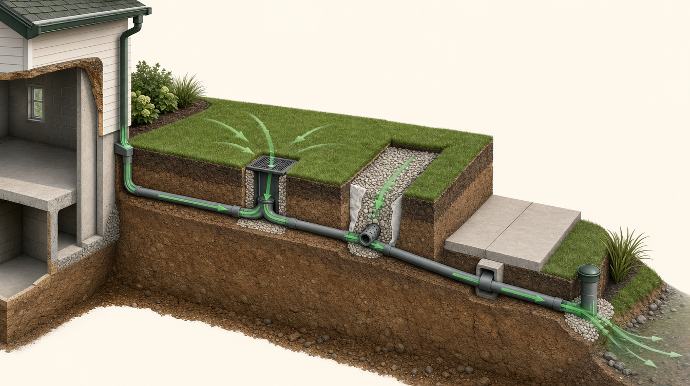 Cross-section illustration showing how French drains, catch basins, underground downspout extensions, and discharge lines work together to move water away from a home