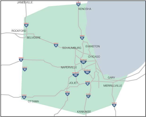 Chicagoland service area map highlighting counties we serve